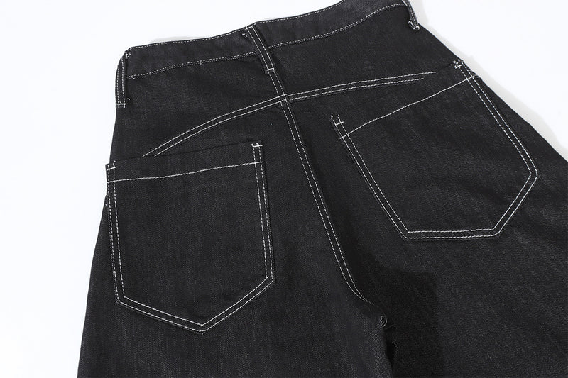 Wide-Leg Baggy Black Jeans with Safety Pin Closures – Streetwear Barrel Fit