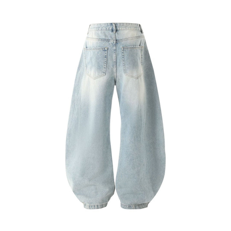Wide-Leg Baggy Jeans – Men's Vintage Washed Light Blue Curved Hem Denim