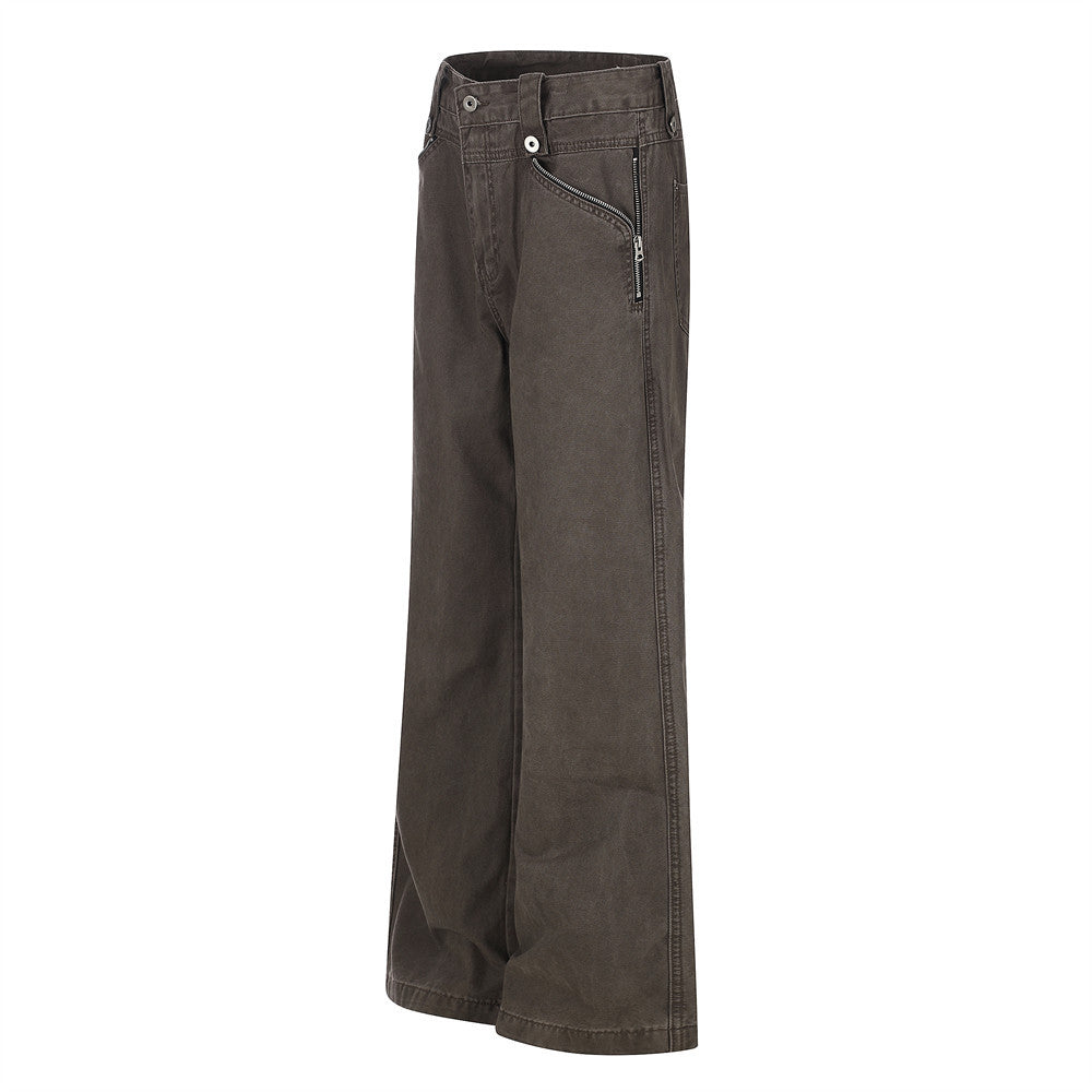 Wide-Leg Zip Pocket Pants – Vintage Washed Flare Trousers