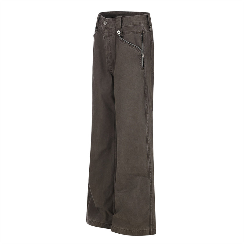 Wide-Leg Zip Pocket Pants – Vintage Washed Flare Trousers