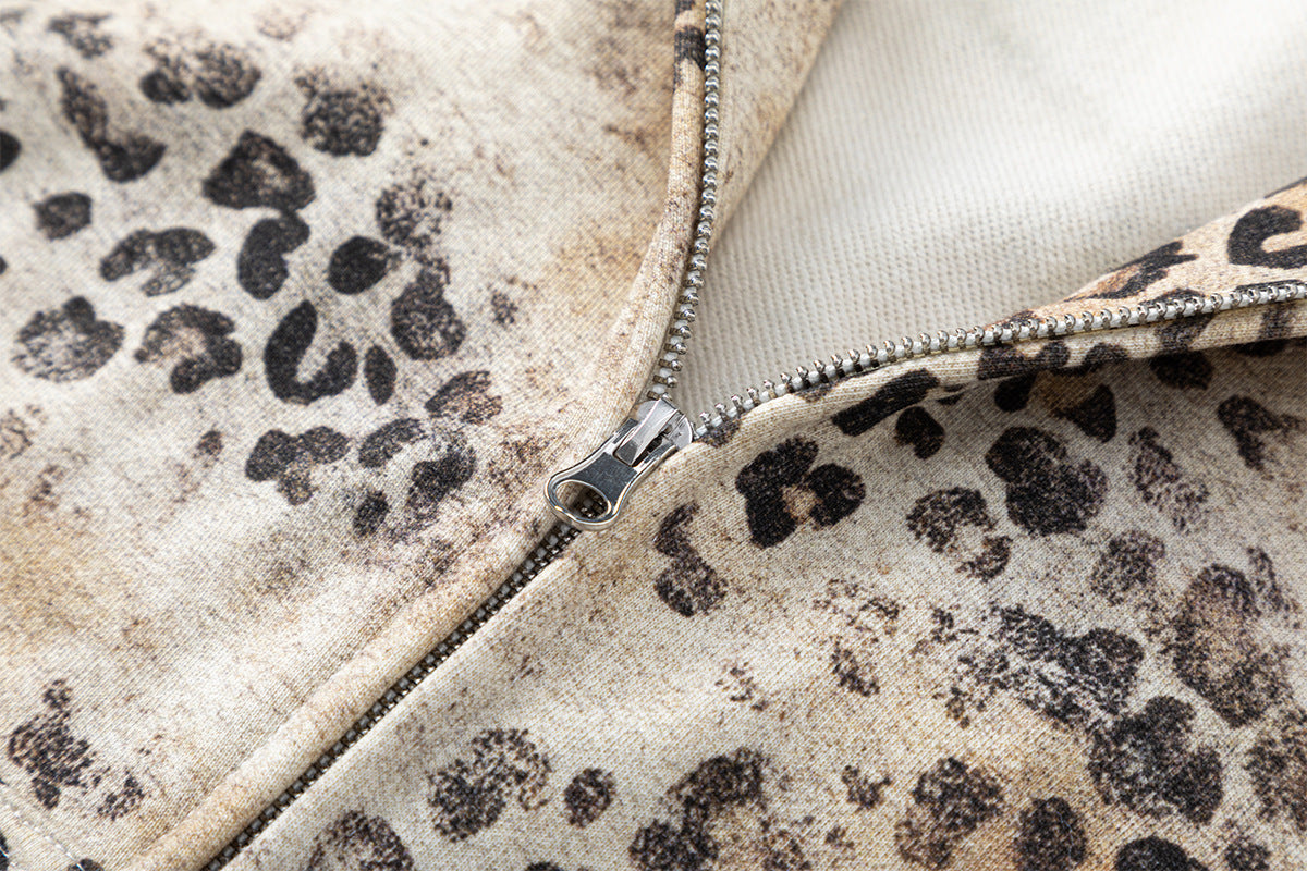 Zip-Hoodie mit Leopardenprint – Vintage-Distressed-Allover-Print, Unisex