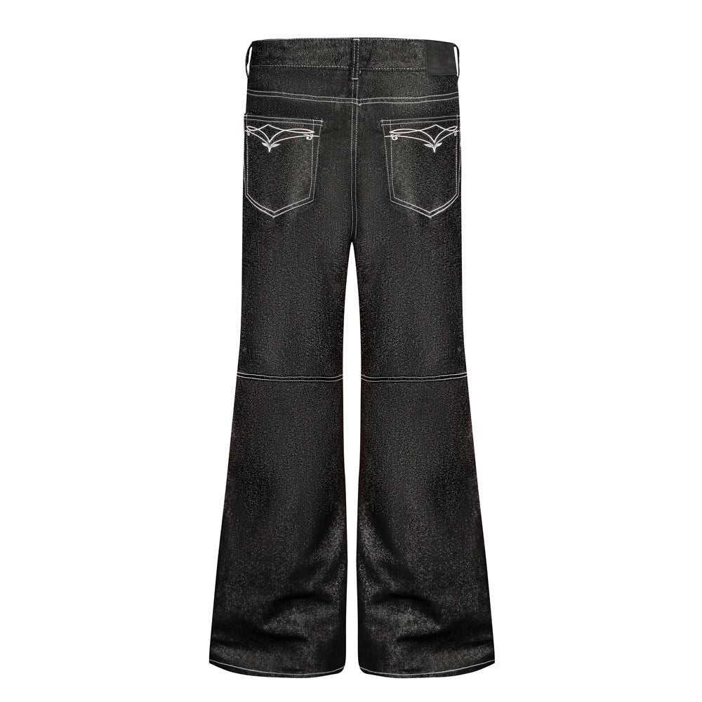 Jean bootcut noir baggy pour homme – Braguette boutonnée, surpiqûres contrastantes et détails déstructurés