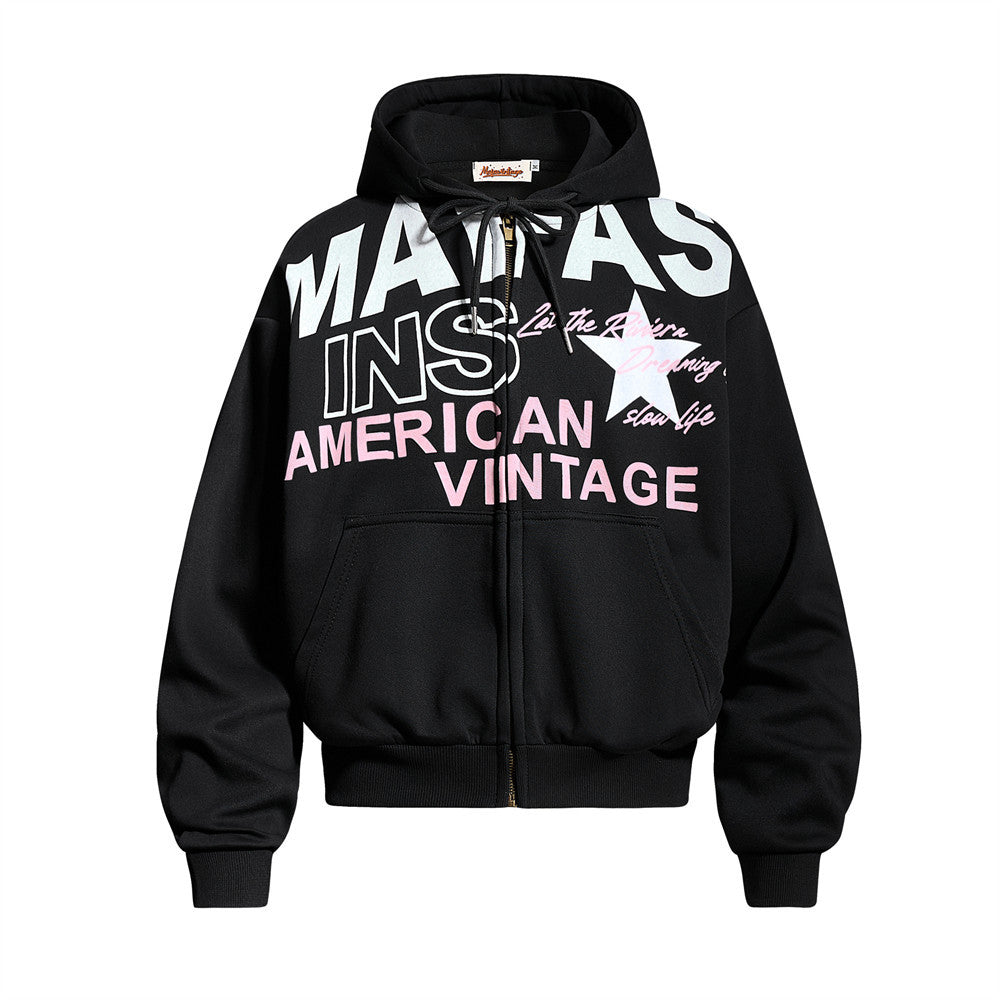 Oversized black zip-up hoodie with American Vintage graphic print and star motif on chest