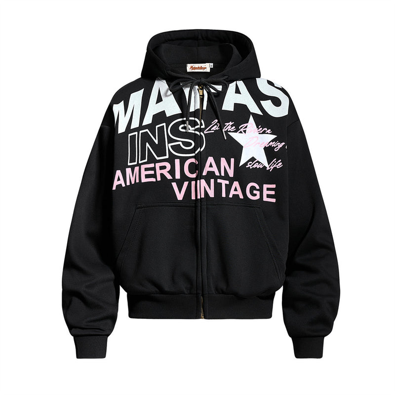 Oversized black zip-up hoodie with American Vintage graphic print and star motif on chest