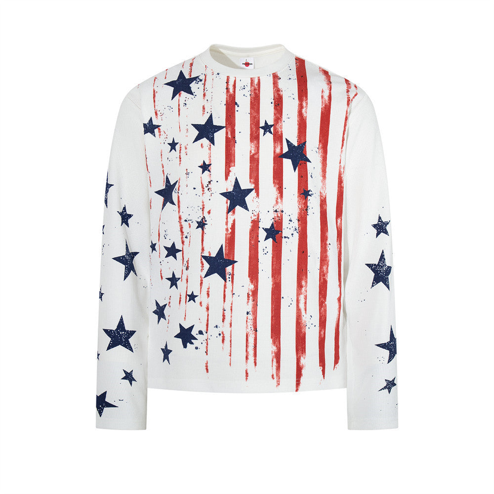 Men's white waffle-knit long sleeve shirt with distressed American flag graphic on front and navy star prints on sleeves