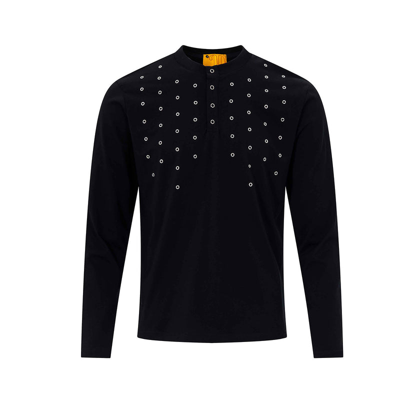 T-shirt Henley homme à manches longues avec détails à œillets – Coupe slim, style américain rétro
