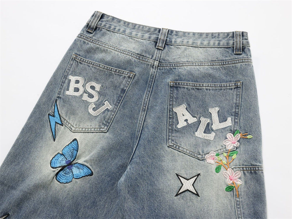 Wide-Leg Jeans with Embroidered Patches – Stars, Butterflies & Roses on Washed