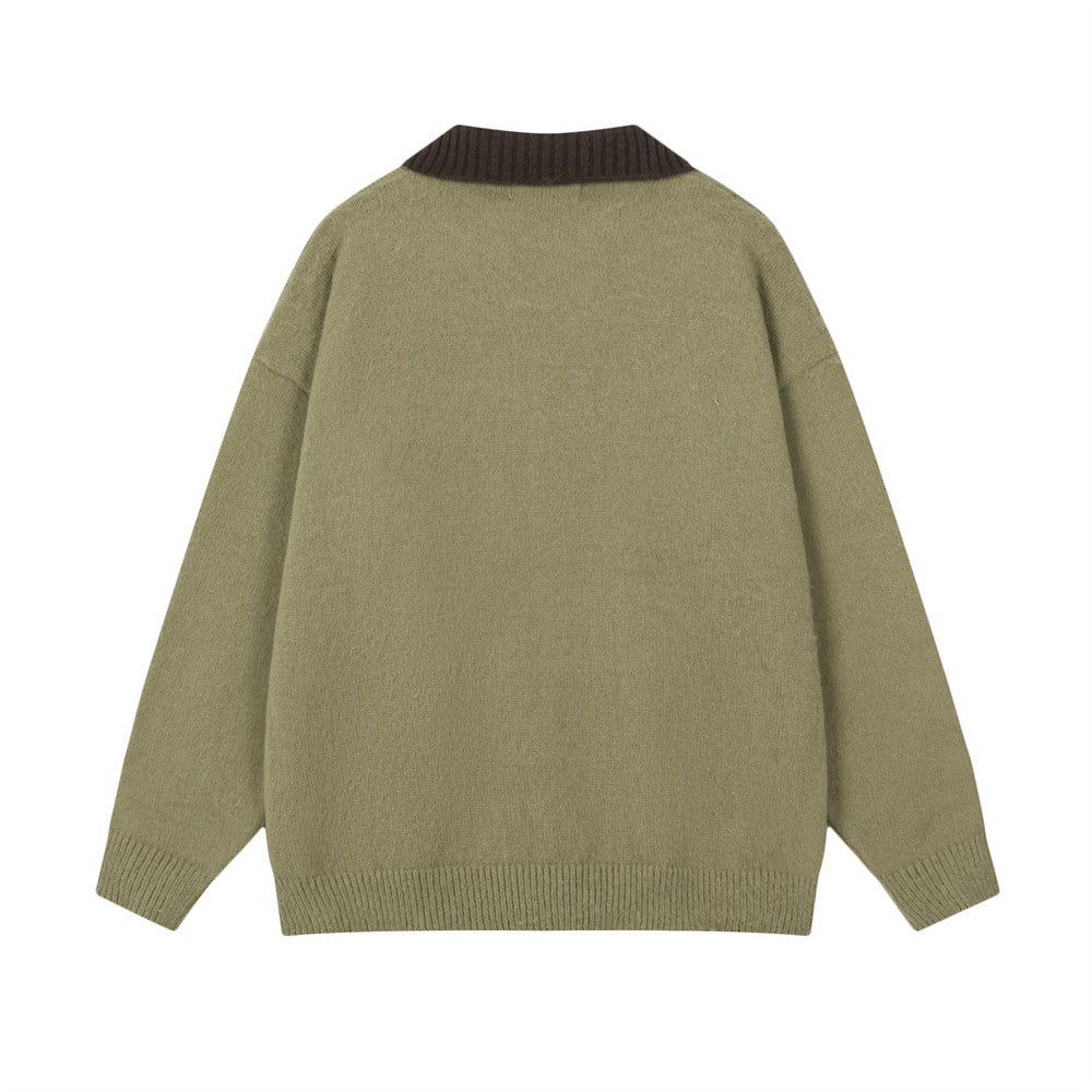 Oversize-Strickpullover mit Cartoon-Hund, Colorblock-Polokragen und langen Ärmeln für Herren