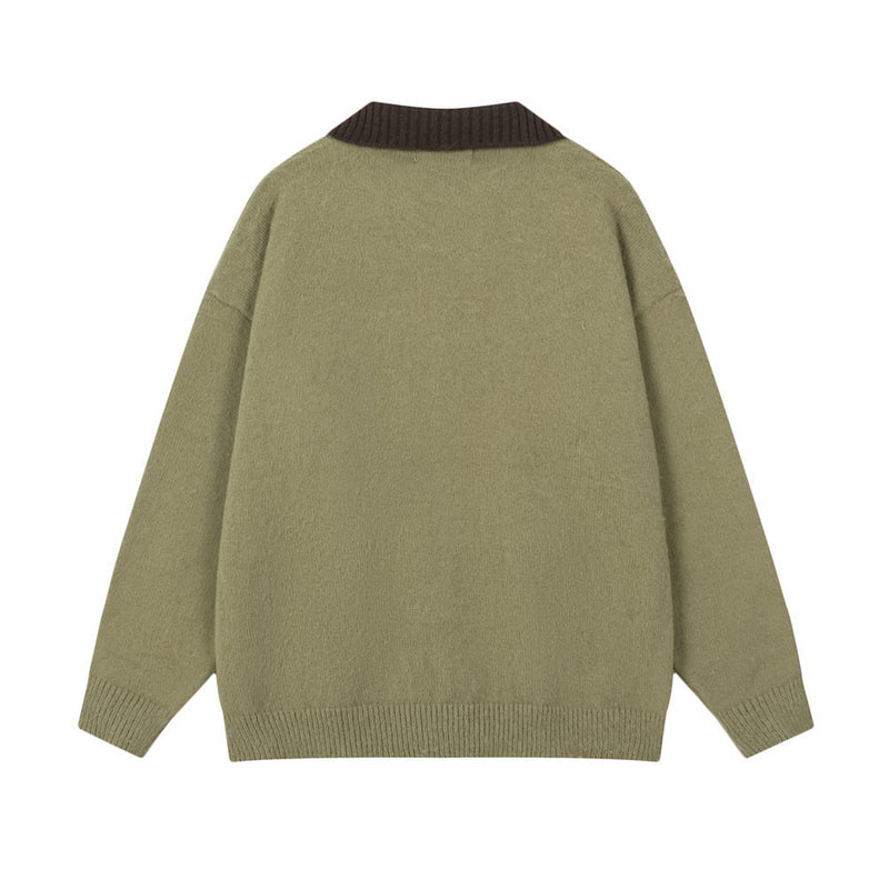 Oversize-Strickpullover mit Cartoon-Hund, Colorblock-Polokragen und langen Ärmeln für Herren