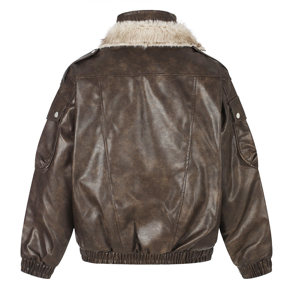 Men's Faux Leather Fur-Lined Bomber Jacket with High Collar & Asymmetric Placket
