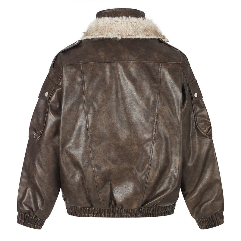 Men's Faux Leather Fur-Lined Bomber Jacket with High Collar & Asymmetric Placket