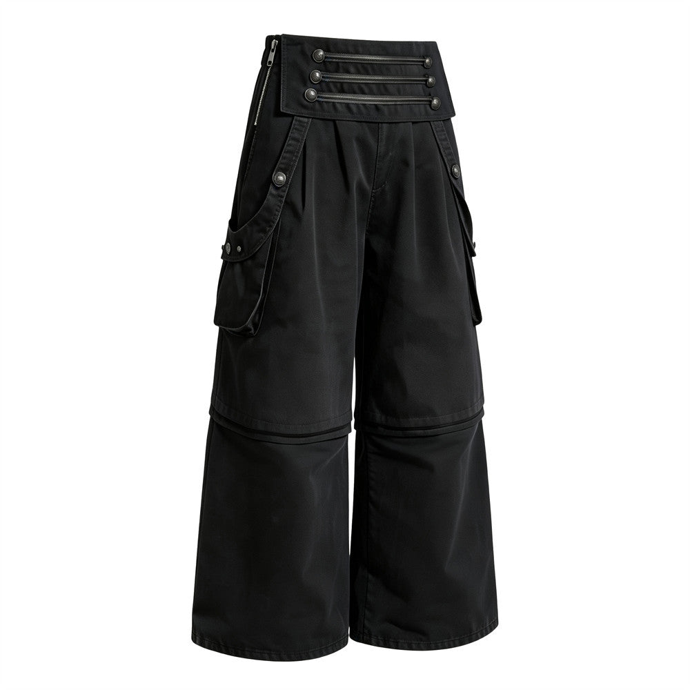 Wide-Leg Cargo Pants – High-Rise Zip Waistband & Side Pocket Detail