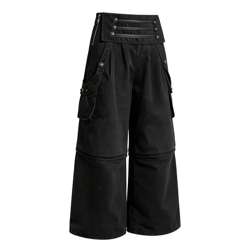 Wide-Leg Cargo Pants – High-Rise Zip Waistband & Side Pocket Detail