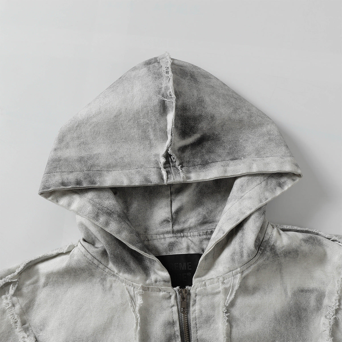 Men's Washed Distressed Zip-Up Hooded Jacket with Raw-Edge Patchwork