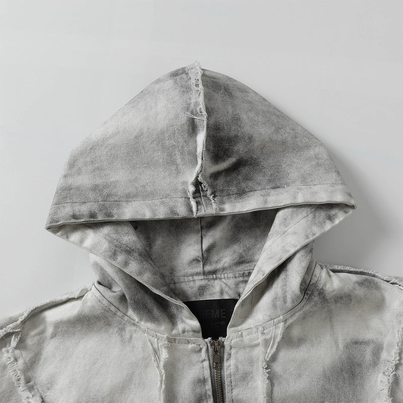 Men's Washed Distressed Zip-Up Hooded Jacket with Raw-Edge Patchwork