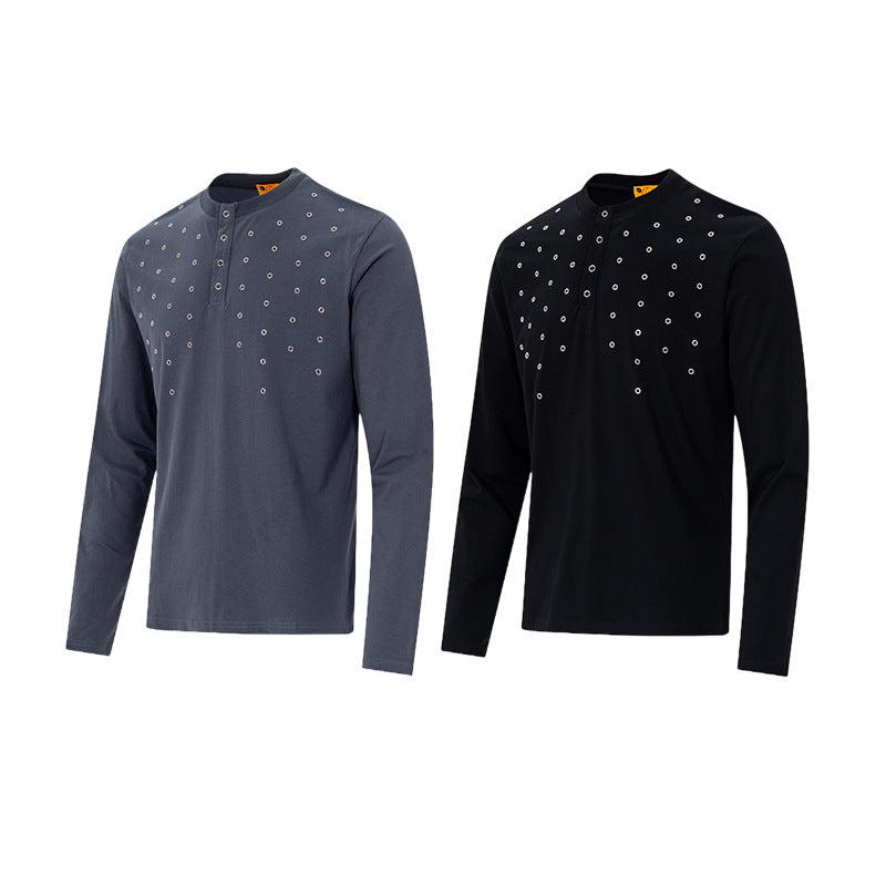 T-shirt Henley homme à manches longues avec détails à œillets – Coupe slim, style américain rétro