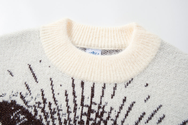 Ram Jacquard Crew Neck Knit Sweater – Oversized Streetwear Pullover