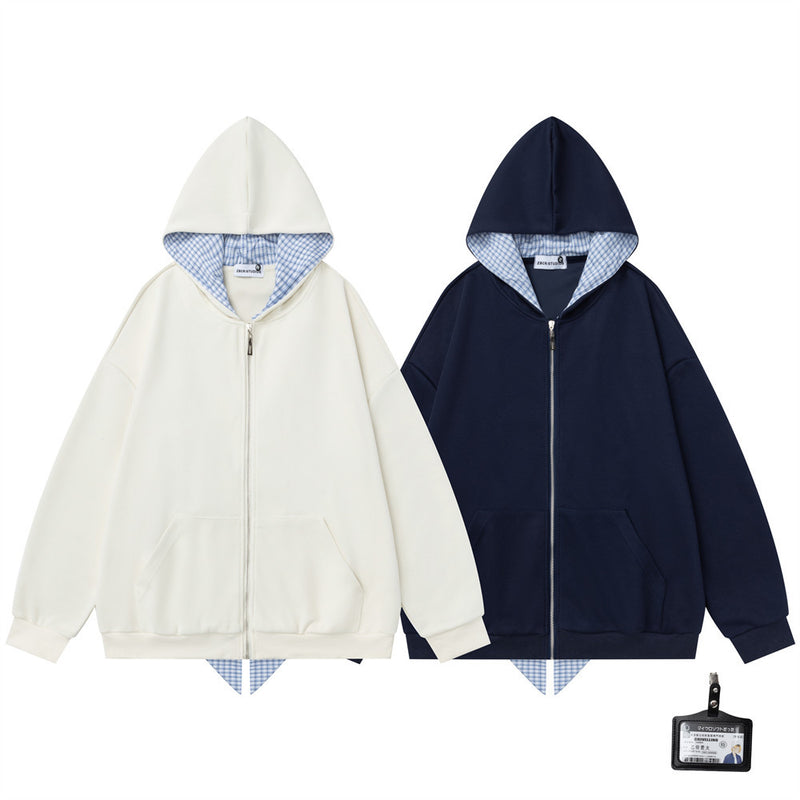 Oversized Zip-Up Hoodie with Plaid-Lined Hood – Relaxed Fit Streetwear