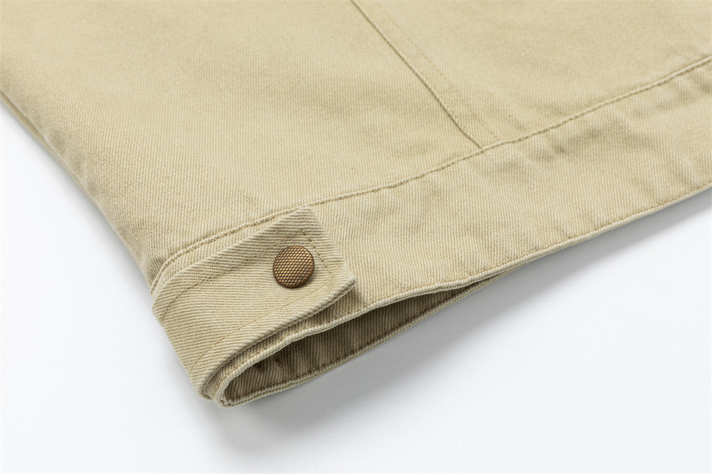 Men's Khaki Workwear Jacket – Relaxed Fit with Plaid Collar & Multi-Pocket