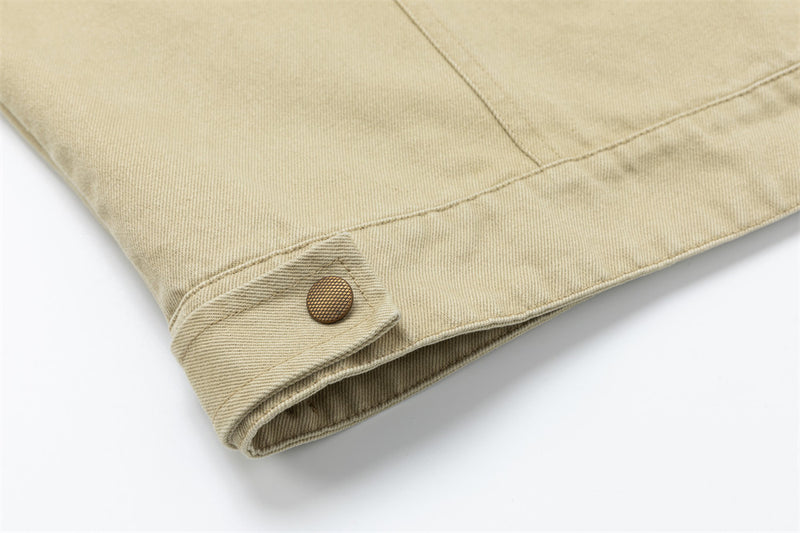 Men's Khaki Workwear Jacket – Relaxed Fit with Plaid Collar & Multi-Pocket