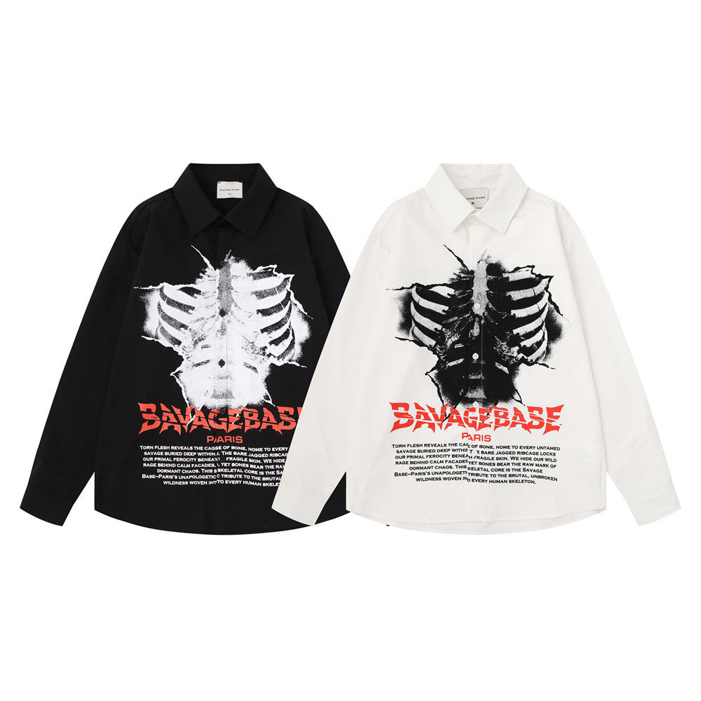 Savage Base Paris Skeleton Print Long Sleeve Shirt – Men's Oversized Dark