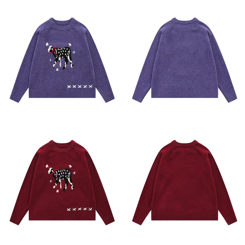 Christmas Lamb Jacquard Knit Sweater – Crew Neck Vintage Novelty Pullover