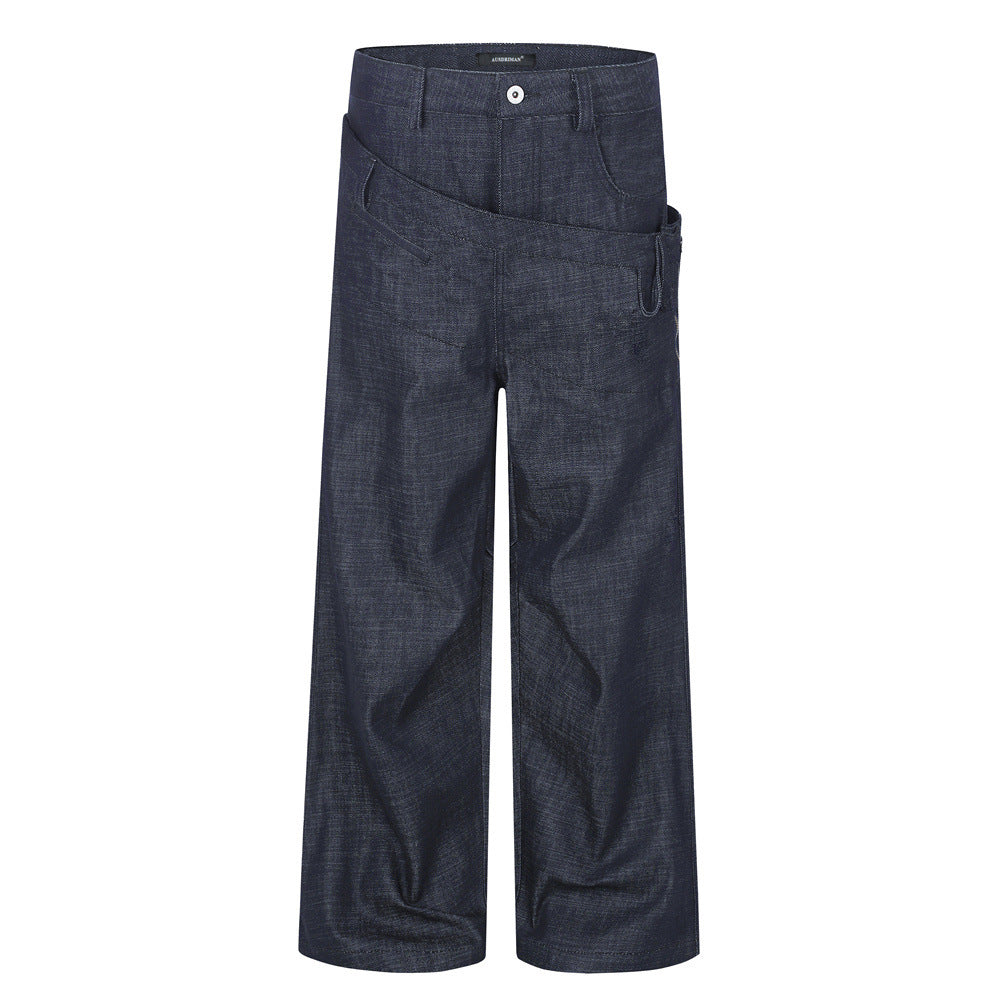 Jean homme baggy bleu marine foncé à jambes larges, double ceinture et empiècement diagonal, vues de face et de dos