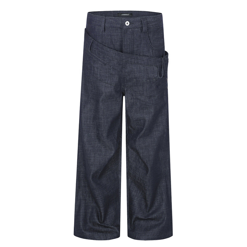 Jean homme baggy bleu marine foncé à jambes larges, double ceinture et empiècement diagonal, vues de face et de dos