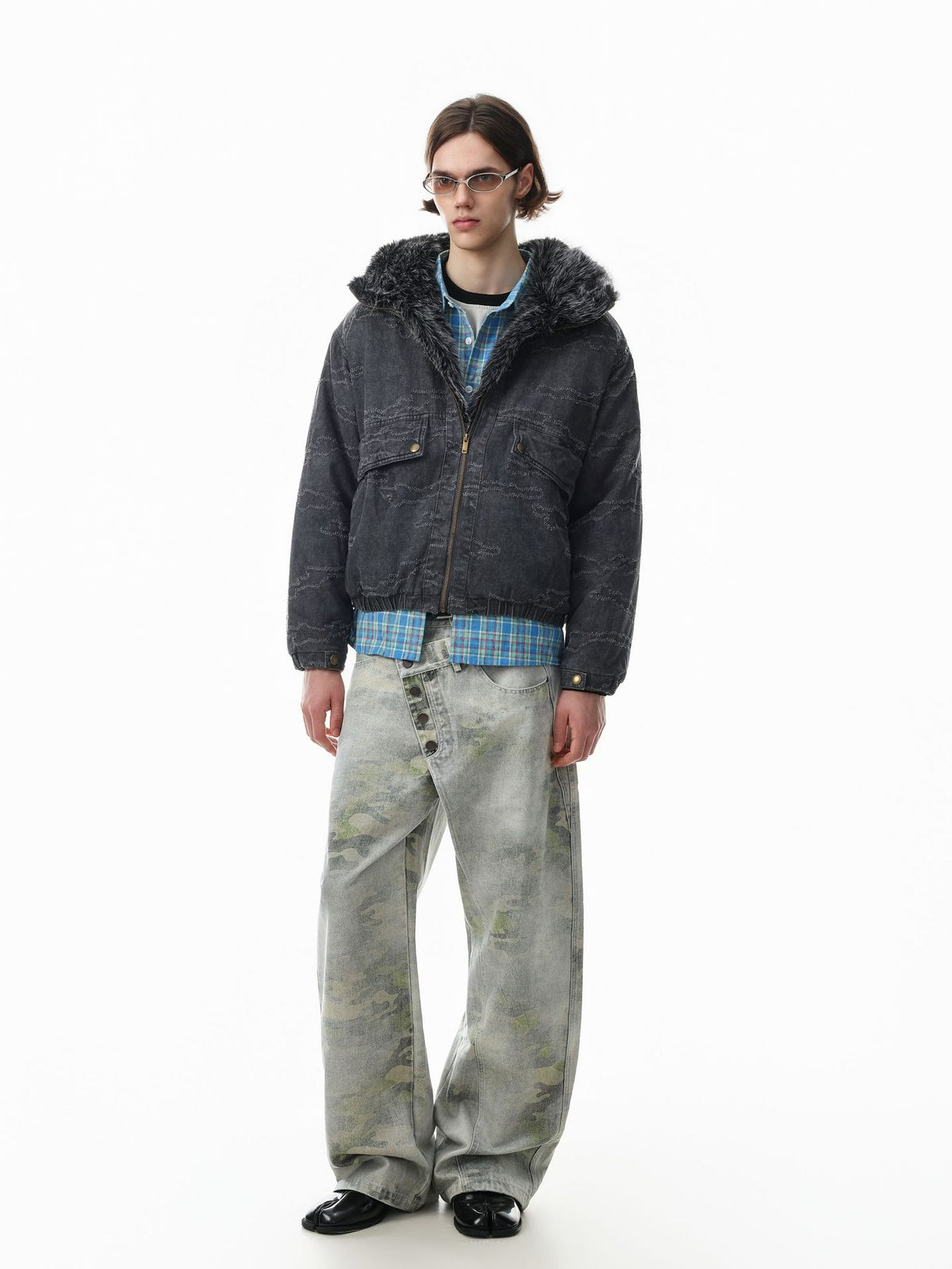 Camo Jacquard Padded Bomber Jacket with Faux Fur Hood