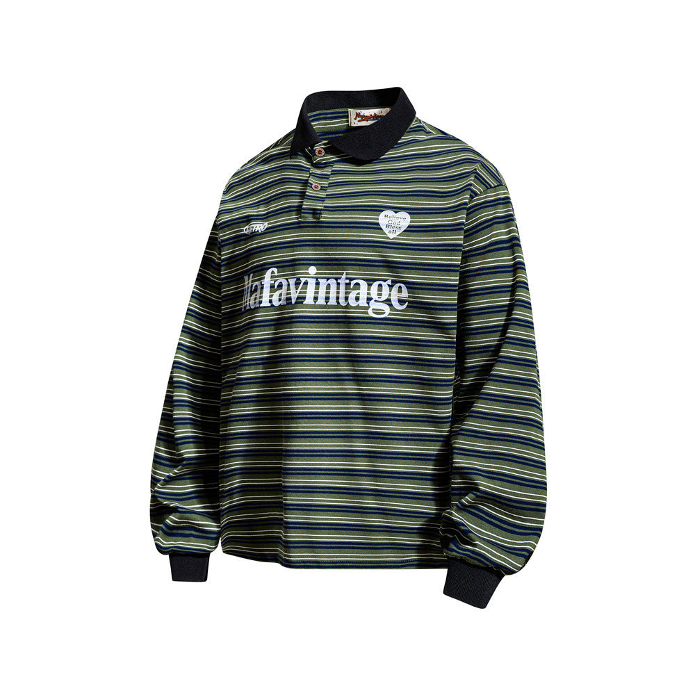 Striped Long-Sleeve Polo Shirt – Retro Oversized Fit with Contrast Collar