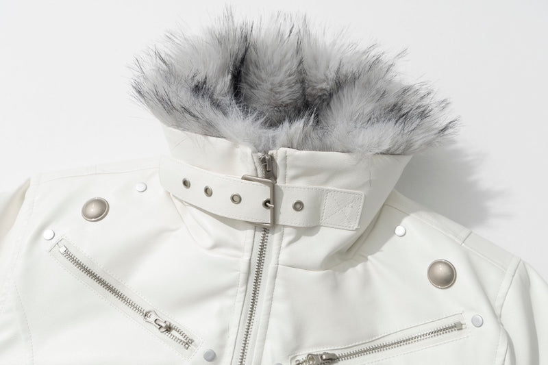 Faux Fur Collar Military Double-Button Moto Jacket – Padded PU Leather Bomber