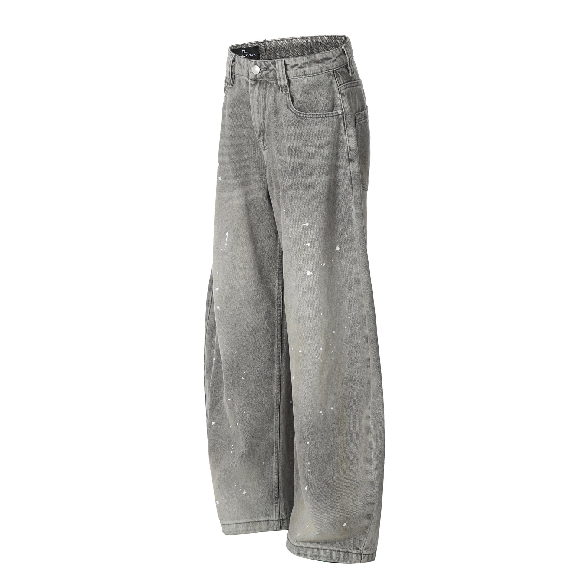 Jean baggy à jambes larges – Denim gris délavé à l’acide avec éclaboussures de peinture
