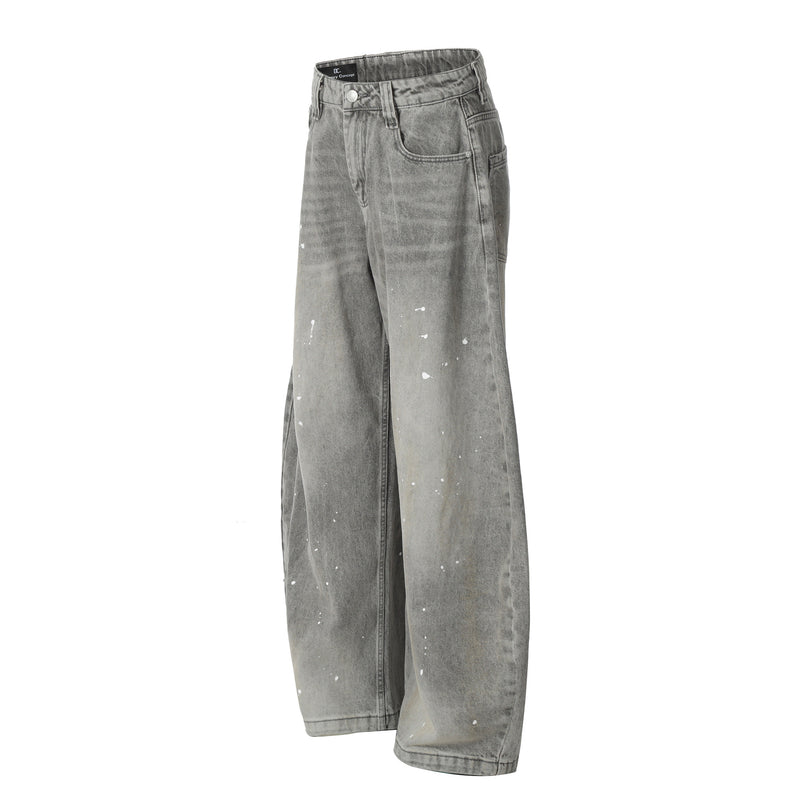 Jean baggy à jambes larges – Denim gris délavé à l’acide avec éclaboussures de peinture