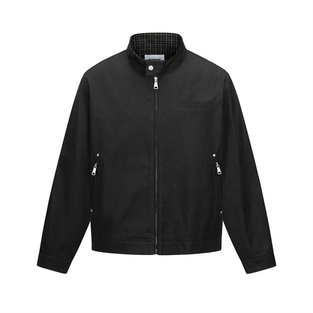 Men's Heavyweight Washed Cotton Harrington Jacket with Stand Collar & Zip