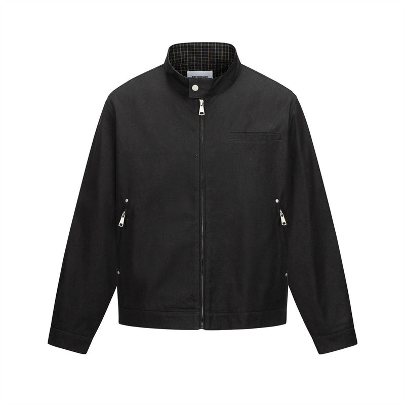 Men's Heavyweight Washed Cotton Harrington Jacket with Stand Collar & Zip