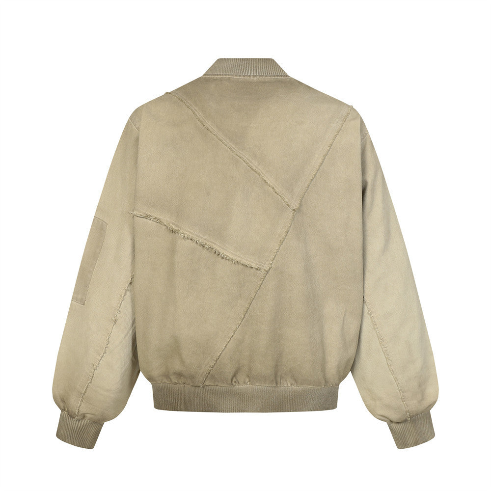 Blouson bomber déconstruit en patchwork – Toile délavée et coutures brutes