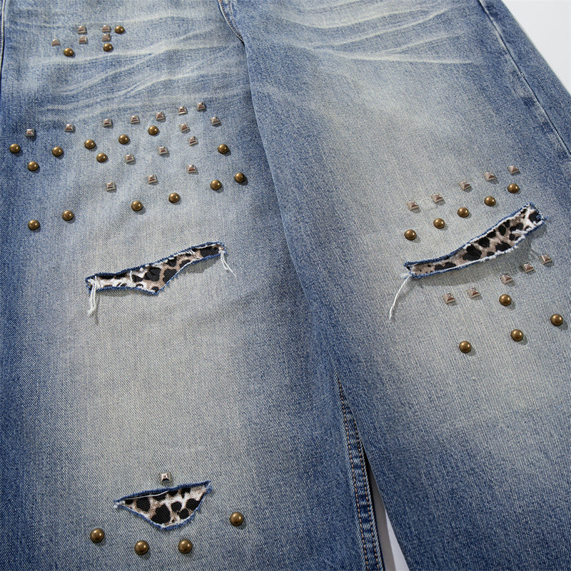 Wide-Leg Distressed Jeans with Studs & Leopard Patches — Men's American Street