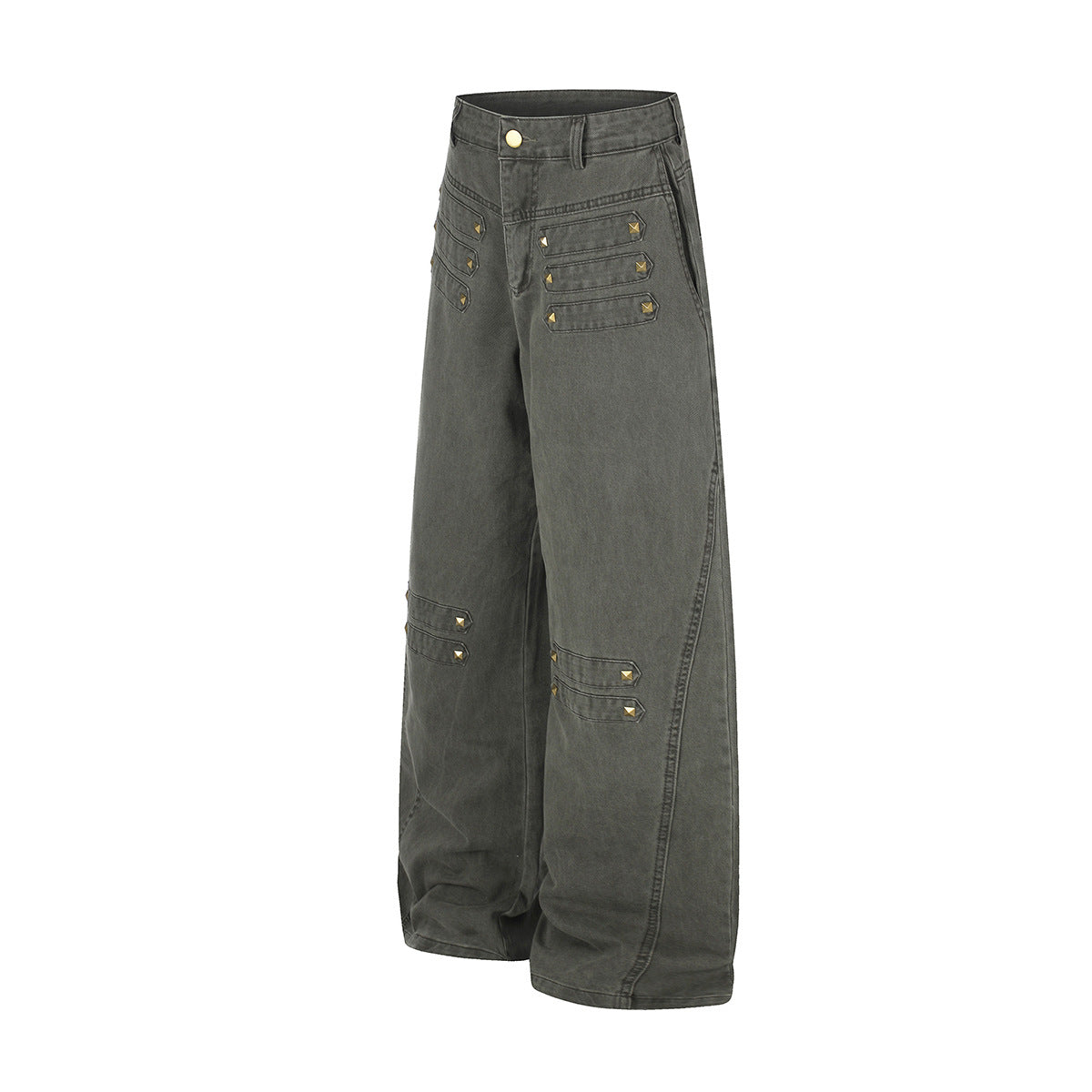 Wide-Leg Studded Denim Pants – Relaxed Fit Vintage American Street Style