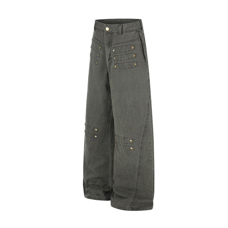 Wide-Leg Studded Denim Pants – Relaxed Fit Vintage American Street Style