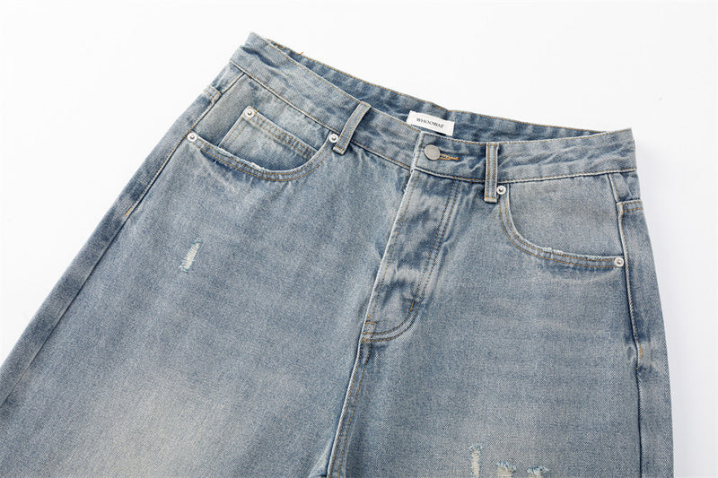 Wide-Leg Distressed Jeans – American Vintage Washed Denim, Relaxed Straight Fit