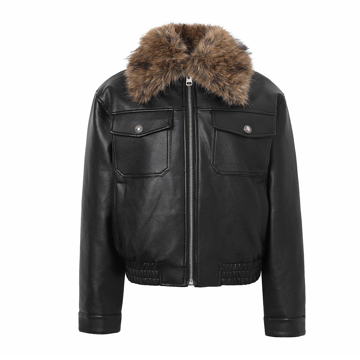 Black faux leather bomber jacket with brown faux-fur collar, silver zip, and multi-pocket design, front and back view