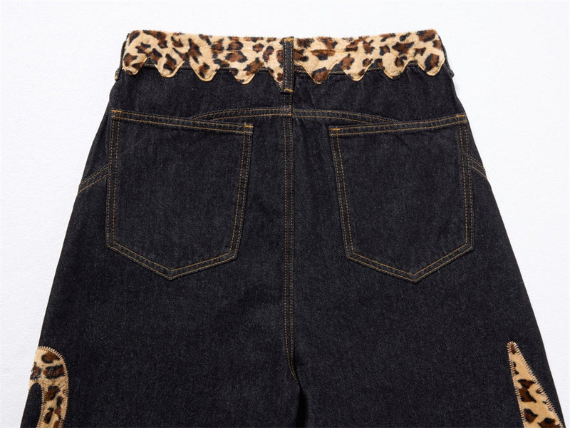 Loose Fit Jeans Men – Black Wide-Leg Denim with Leopard Print Appliqué Patches