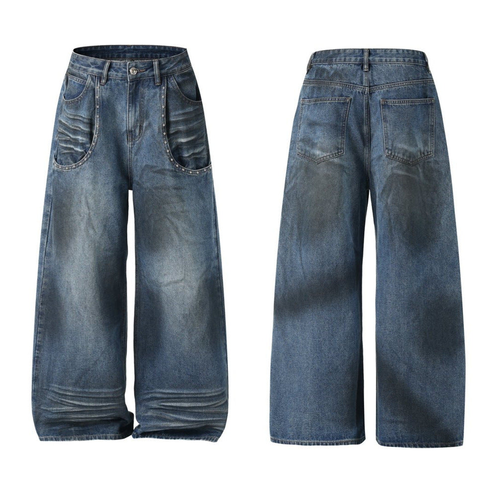 Straight Leg Jeans Mens Wide-Leg Punk Washed Denim with Rivet Pocket Detail