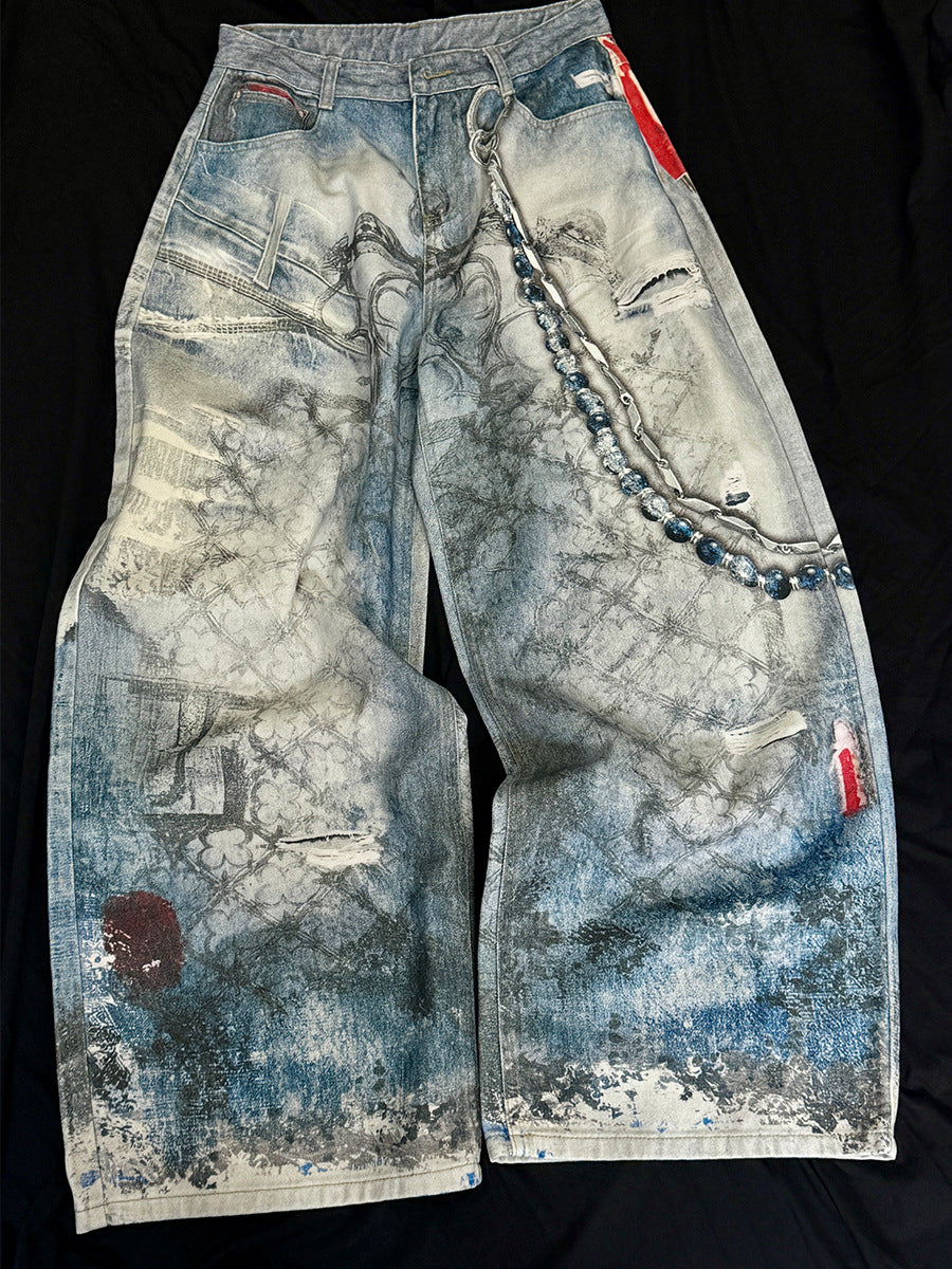 Jean baggy à jambes larges avec imprimé 3D – Denim délavé à ourlet incurvé