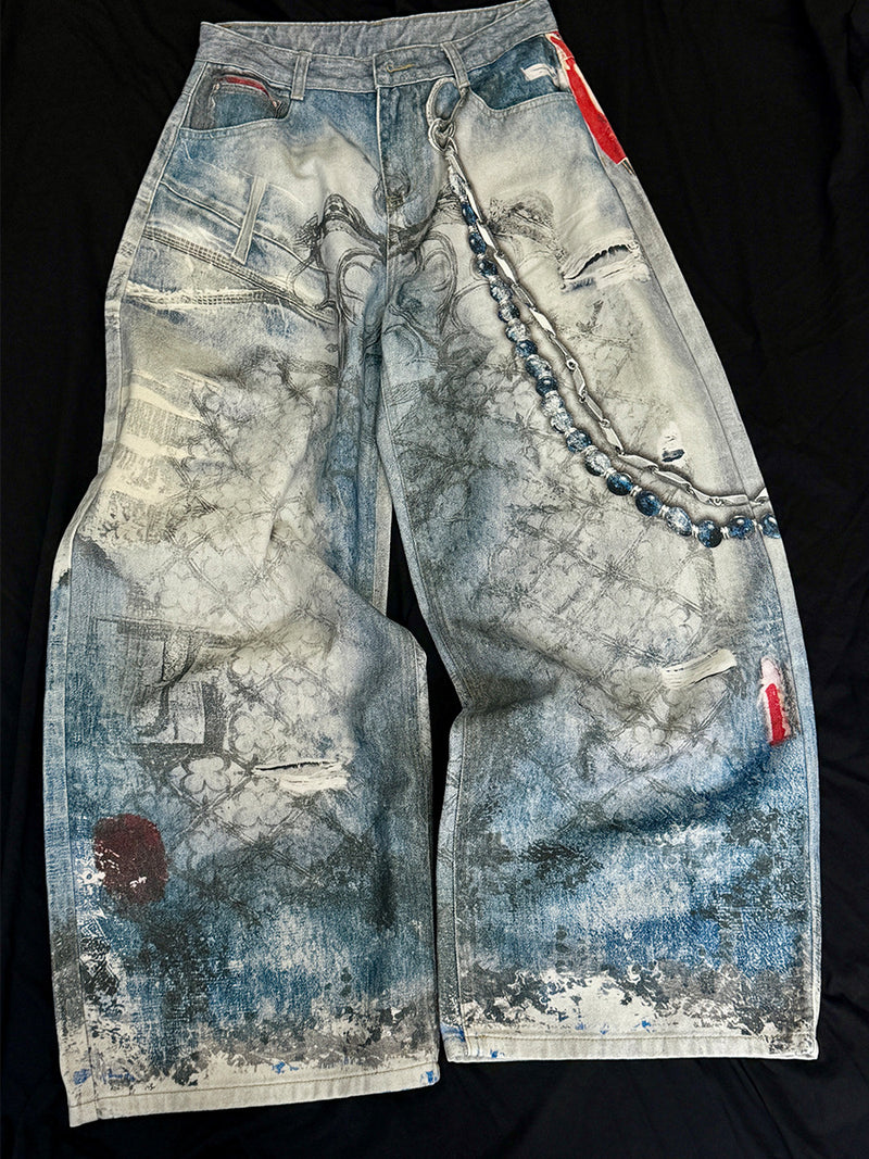 Jean baggy à jambes larges avec imprimé 3D – Denim délavé à ourlet incurvé
