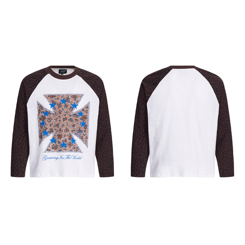Langarm-Raglan-T-Shirt mit Leopardenprint – Iron-Cross-Stern-Print, Weiß &