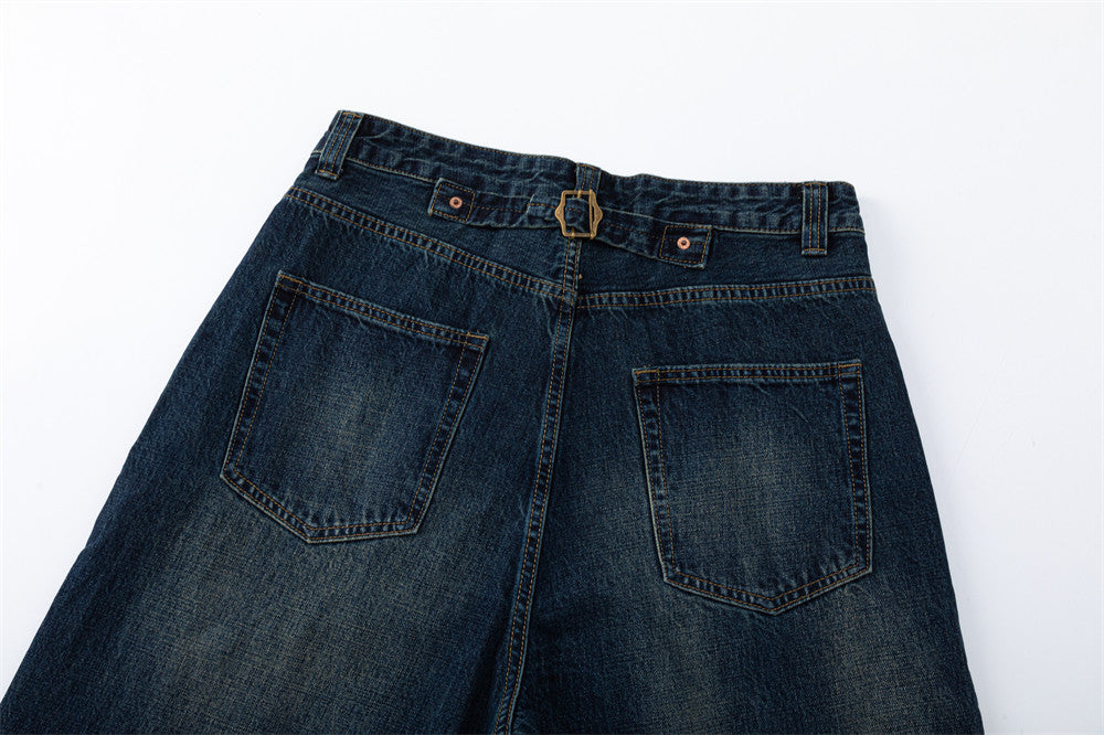 Wide-Leg Jeans – Vintage Washed Dark Blue with Distressed Details