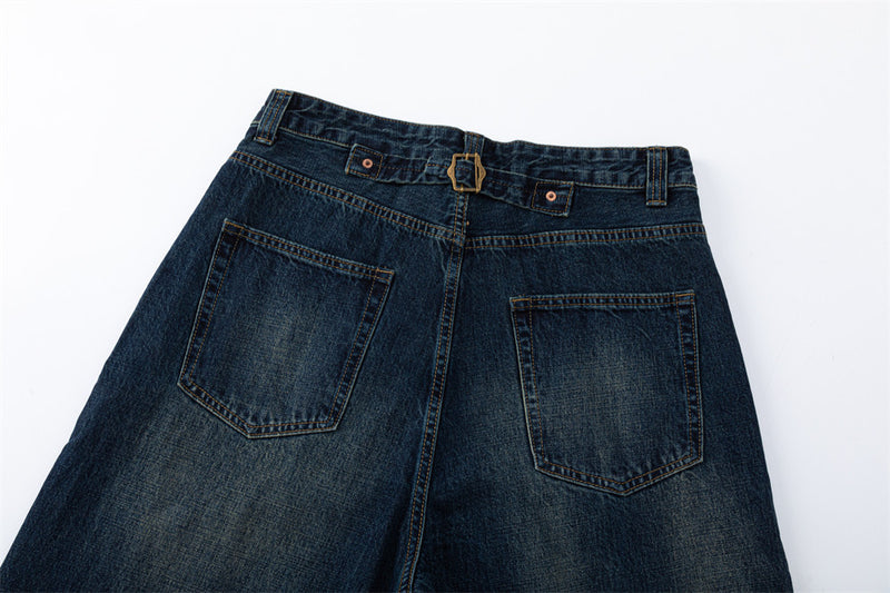Wide-Leg Jeans – Vintage Washed Dark Blue with Distressed Details