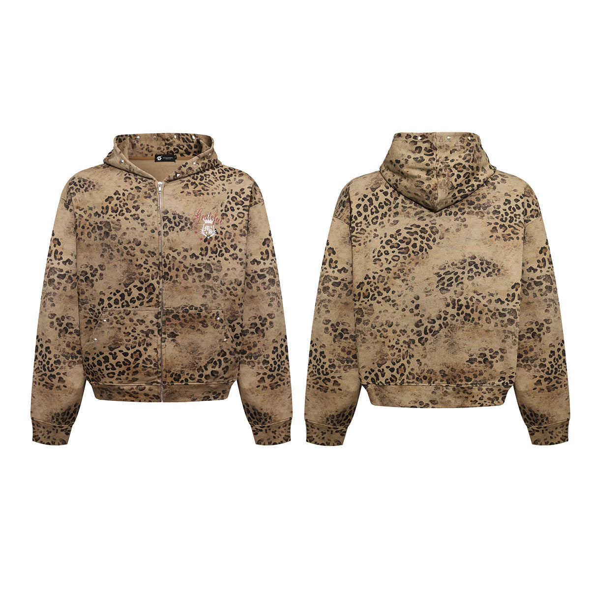 Leopard Print Zip-Up Hoodie – Vintage Distressed Rhinestone Studded Oversized