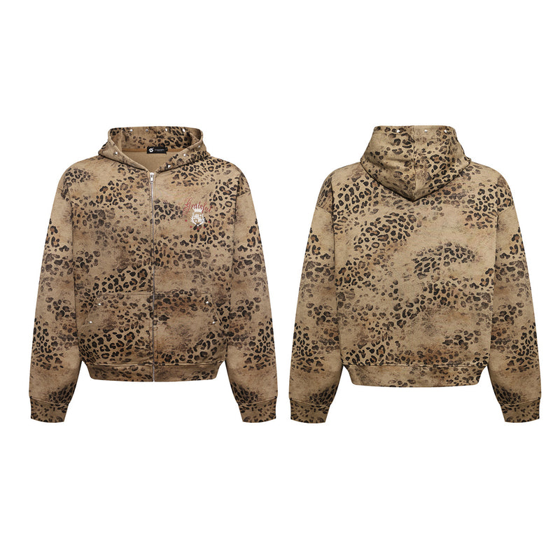Leopard Print Zip-Up Hoodie – Vintage Distressed Rhinestone Studded Oversized